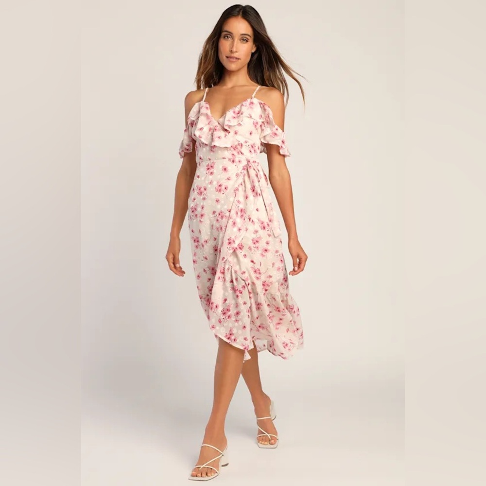 Bright Weather Blush Floral Jacquard Cold-Shoulder Wrap Dress